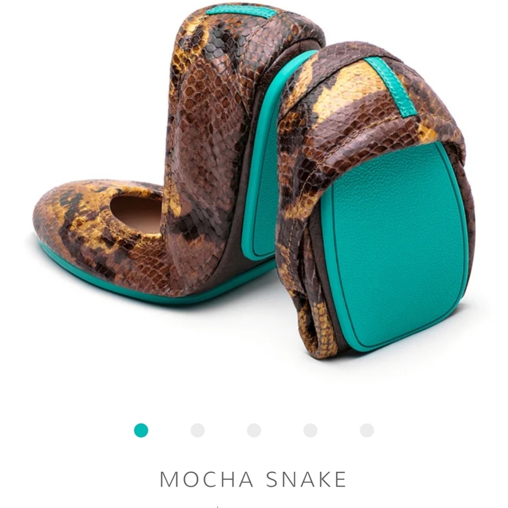 Tieks Mocha Snake Slippers with Teal Soles